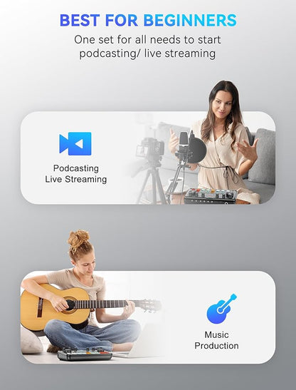SINWE Podcast Equipment Bundle for 2,Audio Interface with Podcast Microphone for Smartphone & PC,All-in-One DJ Mixer,Plug-and-Play,Perfect for Streaming, Singing, YouTube & Gaming