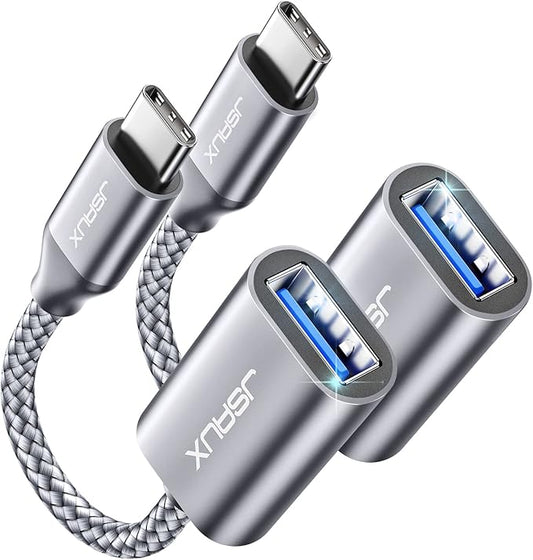 JSAUX USB C to USB Adapter [2 Pack], USB Type C Male to USB 3.0 Female OTG Cable Thunderbolt3 to USB Adapter Compatible with MacBook Pro/Air 2019 2018 2017, Galaxy S23 S23+ Ultra Note 10 S9 S8-Silver