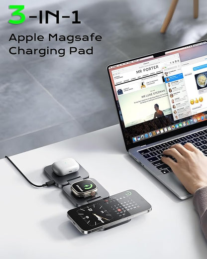 Qi2 Certified 3 in 1 Travel Charger MagSafe Compatible, Upgraded Foldable Wireless Charger Stand, Mag-Safe 3 in 1 Charging Station,15W Fast Charging for iPhone 17/16/15/14/13/12, Apple Watch, AirPods