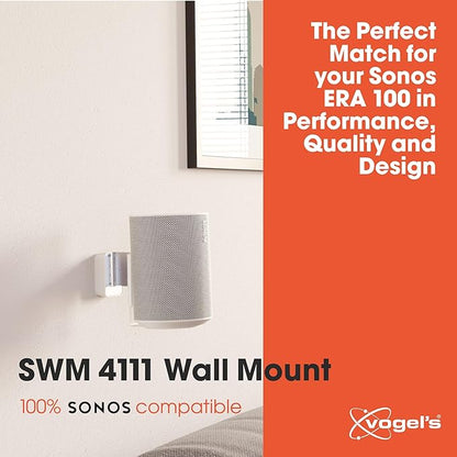 Vogel's SWM 4111 Speaker Wall Bracket for Sonos ERA 100, Max. 11 lbs (5 kg), Tiltable -30º/+30º, Swivels up to 70º (Left/Right), White, 1 Bracket