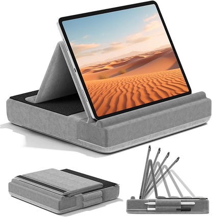 KDD Tablet Pillow Stand, Multi-Angle Viewing Ipad Holder for Lap, Bed and Desk, Foldable Soft Pad Dock with Stylus Mount Compatible with Ipad Pro 12.9, 10.5, 11, Air, Mini, Phones, Books, E-Reader