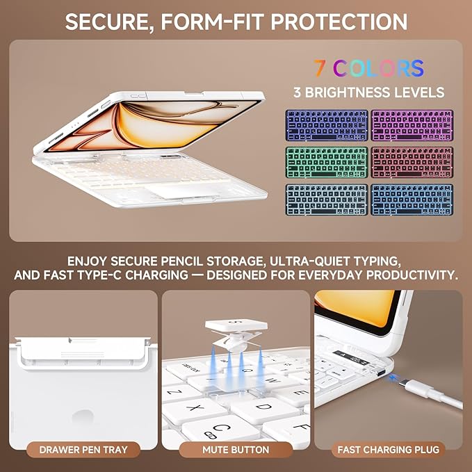 Transparent Case with Keyboard for 2024 iPad Pro 11-inch (M4),with 7-Color Backlit Wireless Keyboard, 360°Rotatable Protective Case Multi-Touch Trackpad,with Pencil Holder,with Shortcuts,White