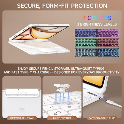 Transparent Case with Keyboard for iPad Air 13 Inch (M3/M2, 2025/2024), iPad Pro 12.9 Inch (6/5/4/3 Gen),7-Color Backlit,Magic Wireless Keyboard, 360°Rotating,with trackpad,Pencil Holder,White
