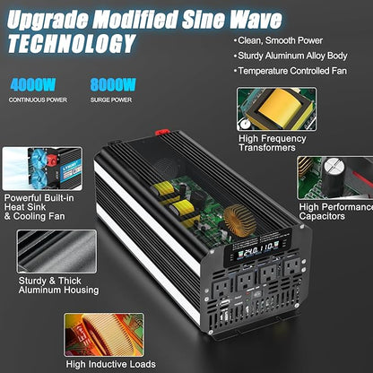 LVYUAN 4000 Watt Power Inverter 24V to 110V 120V for Vehicle, Solar Inverter System, Heavy Duty, RV, Truck, Off Grid,Camping with 4 AC Outlets, LCD Display, Wireless Remote Control, Car Power Inverter