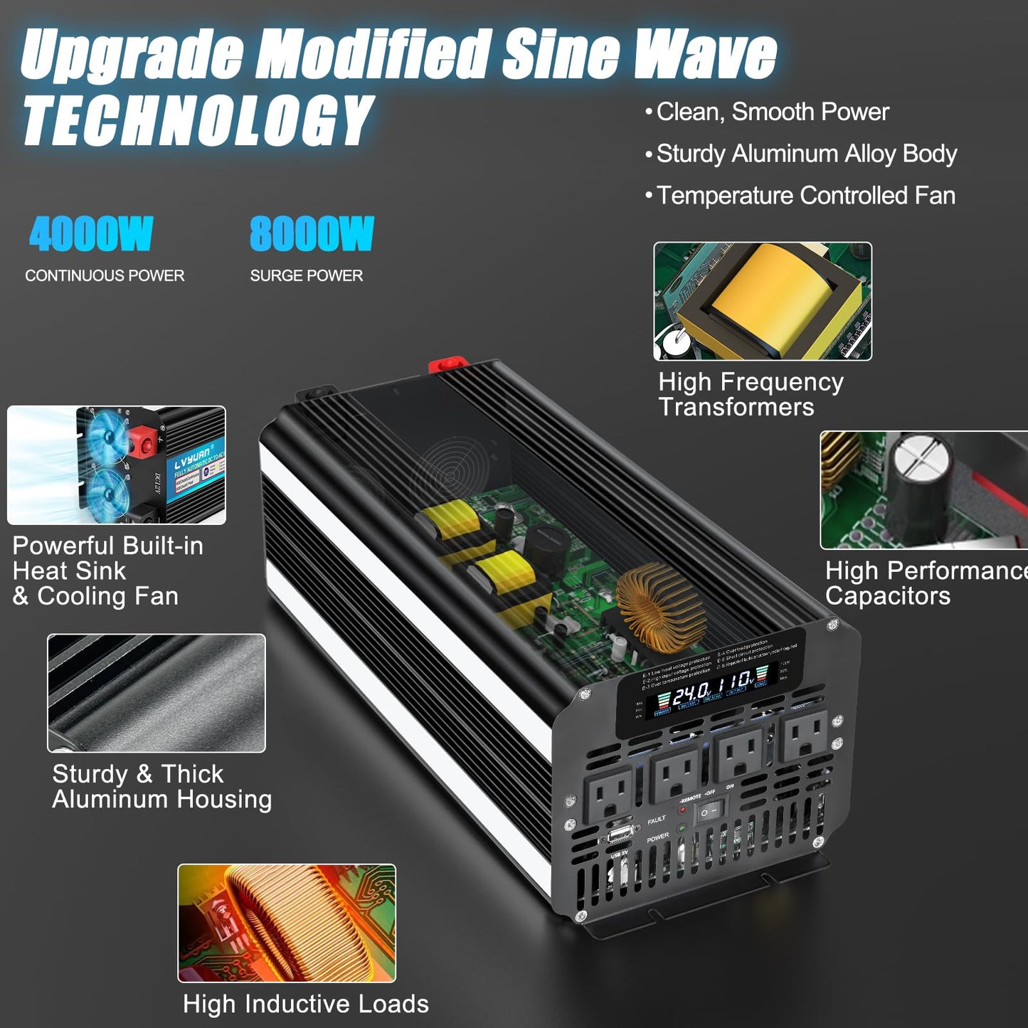 LVYUAN 4000 Watt Power Inverter 24V to 110V 120V for Vehicle, Solar Inverter System, Heavy Duty, RV, Truck, Off Grid,Camping with 4 AC Outlets, LCD Display, Wireless Remote Control, Car Power Inverter