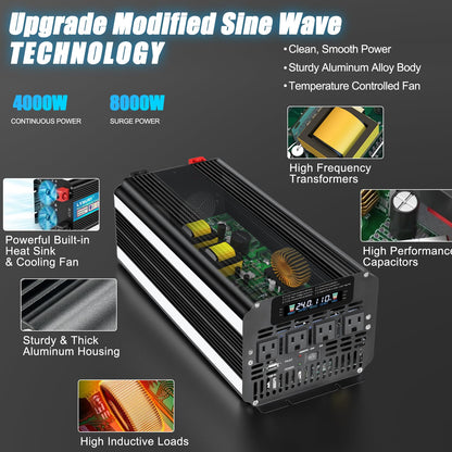 LVYUAN 4000 Watt Power Inverter 24V to 110V 120V for Vehicle, Solar Inverter System, Heavy Duty, RV, Truck, Off Grid,Camping with 4 AC Outlets, LCD Display, Wireless Remote Control, Car Power Inverter