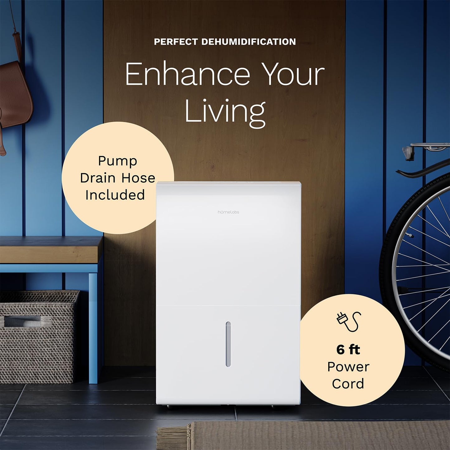hOmeLabs Dehumidifier 7,500 Sq Ft 50 Pint with Pump 120 Pint 95°F, 90% RH