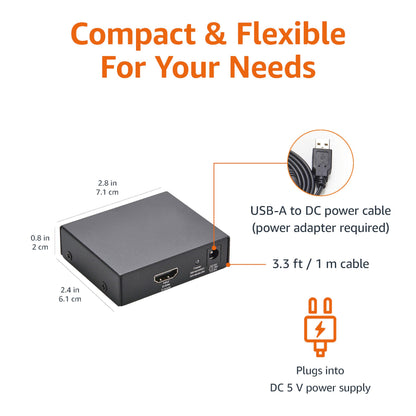 Amazon Basics HDMI Splitter 1 in 2 Out for Dual Monitors, 4K@30Hz, 1080P, Mirror Only, Black