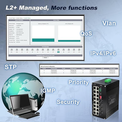 16-Port Gigabit Network Switch with 4 SFP Slot, L2+ Managed PoE Ethernet Switch, Support IEEE802.3af/at, Ring Network, VLAN, STP/RSTP, Plug and Play, Din Rail Installation