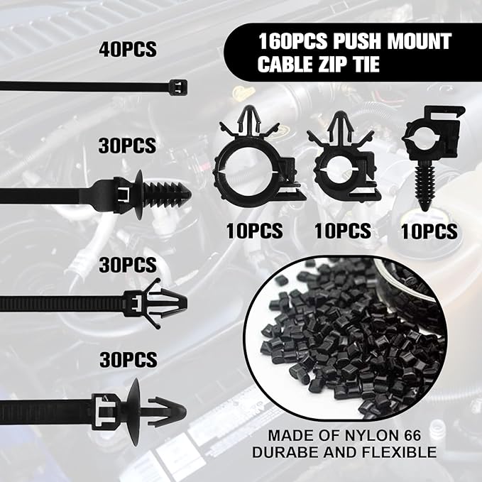 160 Pcs Push Mount Cable Zip Tie, Car Wire Loom Routing Clips 7 Different Sizes Quickly Mount Cable Ties Fixed Wire Harness for Jeep Wrangler Trucks Universal Automotive Clips