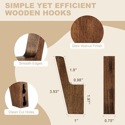 VIS'V Walnut Wall Hooks, Wall Mount Wooden Coat Hooks for Entryway Cubicle, Brown, 4 Pcs