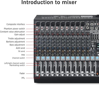 W IN-MIX DX12 Professional DJ Audio Mixer 12 Channel with 99 DSP Effects,7-band EQ,Independent 48V Phantom Power&Mute Button,Bluetooth Function,USB Interface Recording For Studio & Stage