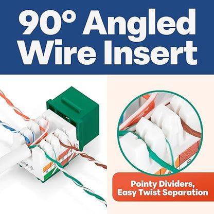 Everest 90° Angled RJ45 Cat6 Keystone Jacks 10-Pack in Green - Slim Profile Female RJ45 Connectors - Cat 6 Keystone Jack - Compatible with 90° Angled Speed Termination Tool - easyJACK (B094WB91H3)