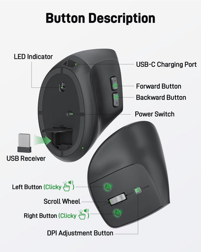 Acer Ergonomic Mouse Wireless, Adjustable DPI Vertical Mouse for Laptop