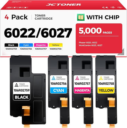 6022 6027 Toner Cartridge Set 4-Pack Replacement for Xerox 106R02759 106R02756 106R02757 106R02758 Compatible with Xerox Phaser 6020 6022 WorkCentre 6025 6027 Color Printer Black Cyan Magenta Yellow