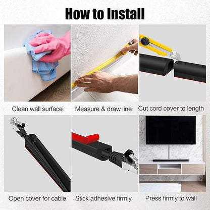 Self-Adhesive Cable Hider,Flexible Wire Cover Cable Raceway for Wires, Wall Mount TV, Home Audio, Network,Power and Phone Line Managemen (Black, 236inch)