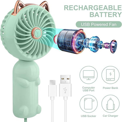 QearFun Portable Mini USB Rechargeable 3 Speed Personal Desk Table Fan with Base - Up to 12 Hours Operated Small Makeup Fan for Girls Women Outdoor (Green)