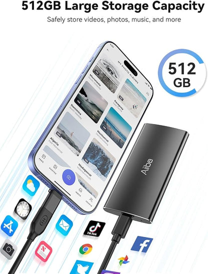 Aiibe 500GB External Solid State Drive USB C Portable SSD USB 3.2 Gen 2, Up to 1050MB/s, External SSD 500GB External Hard Drive for iPhone 15/Pro, Laptop, Mac and PS4 (Black)