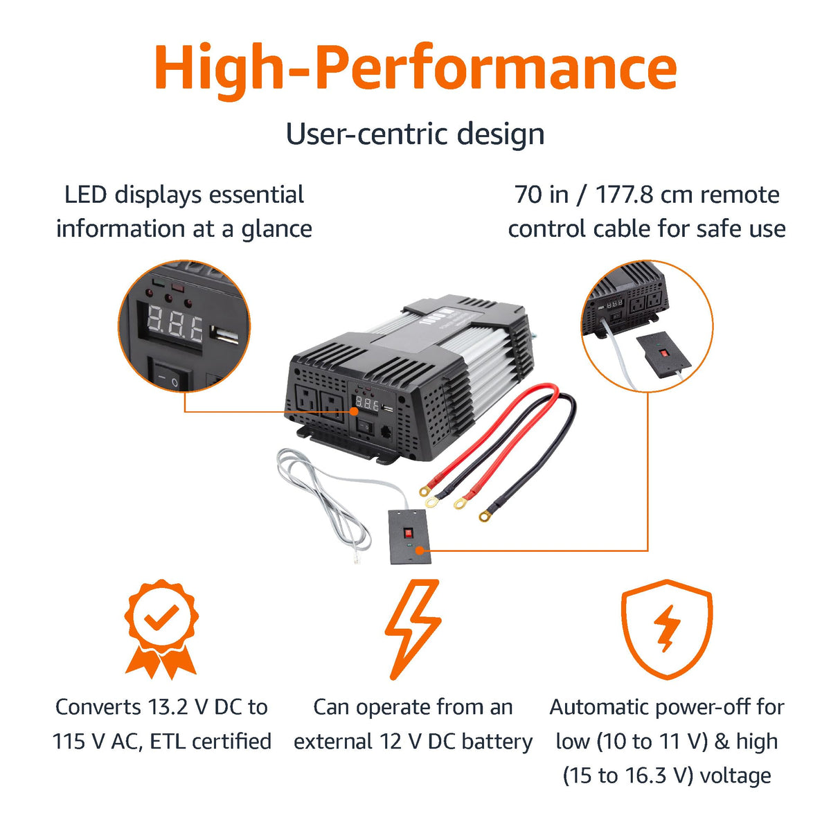 Amazon Basics 1000W Car Power Inverter, 12V to AC 110V, Portable, 2 AC Outlets, USB Port, 13.81 x 7.44 x 3.07 inches