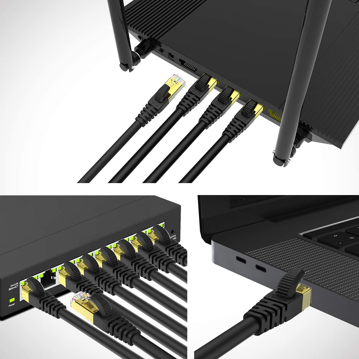 CAT 8 Ethernet Cable Shielded SFTP Internet Network Patch Cord, Heavy Duty High Speed LAN Cables w Gold Plated RJ45 Connector Professional for Router, Modem, Gaming, Xbox (6 Feet, 5 Pack Black)