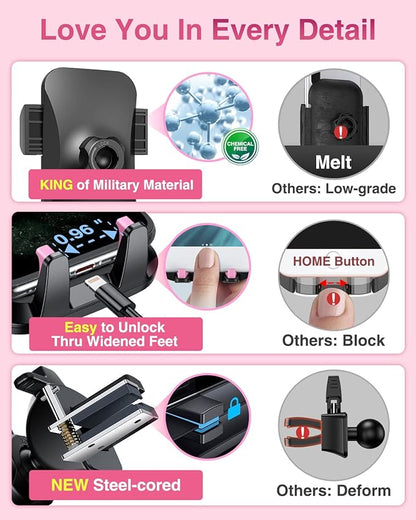 VANMASS 2025【Strongest Suction & Military-Grade】 Car Phone Mount 【Patent & Safety】Ultimate Cell Phone Holder Handsfree Stand for Dash Windshield Vent for iPhone 16 15 Pro Max 14 Android & Truck, Pink