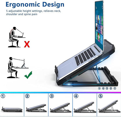 Adjustable Laptop Stand with 6 Quiet Cooling Fans, Upgraded Laptop Cooler Cooling Pad, Aluminum Laptop Stand for Desk Foldable, Ergonomic Computer Notebook Stand Holder for All Laptops and Notebook