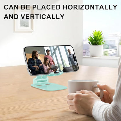 DEERLAMN Cell Phone Stand for Desk,Height Adjustable Cell Phone Holder Portable Desktop Stand, Travel Home Office Desk Accessories Compatible with iPhone 16/15/14/13/12/11 All Smartphone - Light Green