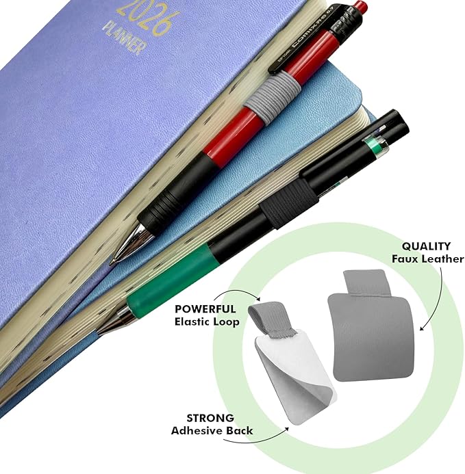 Pen Loop Holder for Notebook 12 Pack Self-Adhesive Stick On Pen Holder with Extra 2 Pens Clips 1 Leather Bookmarks As COMBO for Planner Journal Tablet Clipboards Calendars Bible Campus School Office
