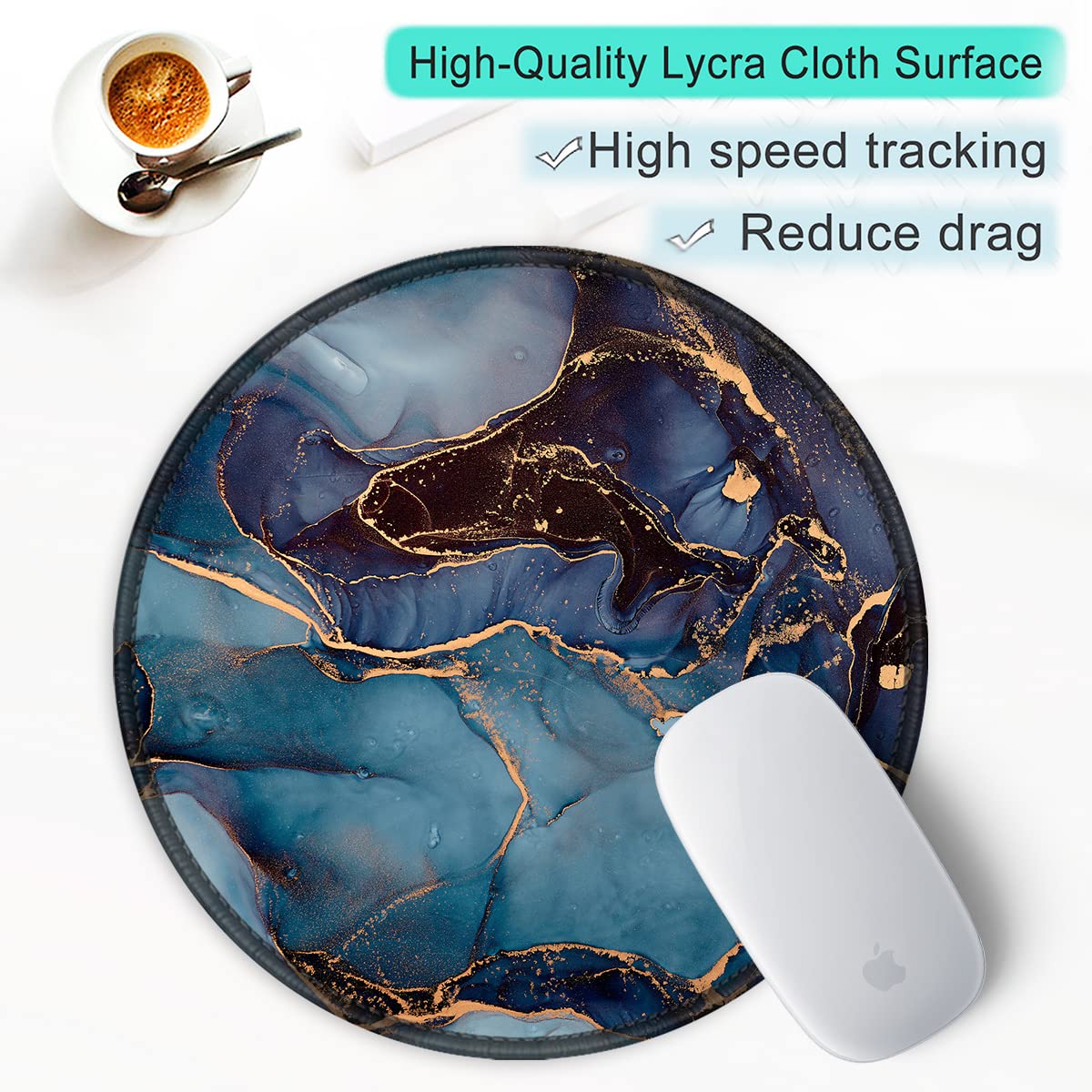 ITNRSIIET Round Mouse Pad with Stitched Edge Premium-Textured Waterproof Non-Slip Rubber Base Desktop Protection Mat Diameter 8.7 inches, Blue and Black Marble