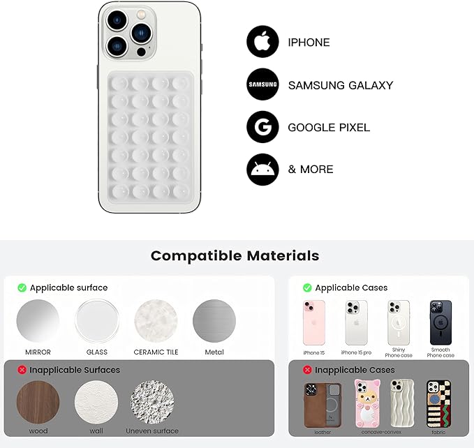 Silicone Double-Sided Suction Phone Grip Detachable Mount - Car Dashboard/Shower Phone Holder, Hands-Free For Selfies & Videos, TikTok/ASMR - iphone & Android Compatible (3.74"x2.2", White+Baby Blue)