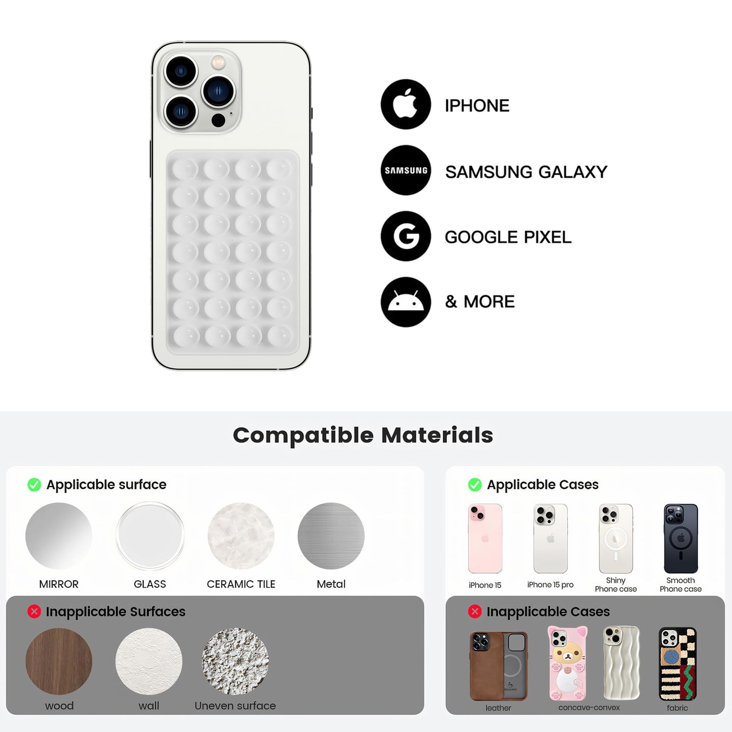 Silicone Double-Sided Suction Phone Case Detachable Mount, Fidget Sticky Grip Phone Accessories, Teen Girl Gifts Trendy Stuff, Hands-Free Stand for ASMR/TikTok/Gym Creators (Small, White+BabyBlue)