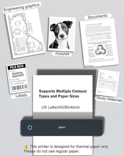 Inkless Portable Printer for Travel, 300DPI Wireless Thermal Printer Support 8.5" x 11" US Letter, A4, MT610Pro Small Bluetooth Printers Compatible with iOS, Android Laptop for Home Office Car, Black