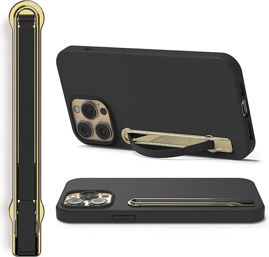 SleekStrip SleekGrip-Premium Ultra Thin Phone Grip Stand,Slim Metal Finger Loop Ring Hand Holder Strap Cell Phone Grips for iPhone 16 Pro Max,17,Android,Case Back - Gold x Black Vegan Leather