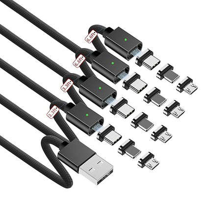 ZBF Magnetic Charging Cable 3A Fast Charging (4-Pack, 3.3/3.3/6.6/6.6 ft) 3 in 1 Magnetic Phone Charger, 480Mbps Data Transfer, USB A to Type C Charger Cable for USB-C/IproductMicro USB Device(Black)