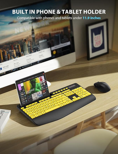 Wireless Keyboard and Mouse Combo - Large Print Ergonomic Keyboard with Wrist Rest, Phone Holder, Sleep Mode, Silent 2.4GHz Keyboard Mouse Set for Computer, Laptop, PC, Mac, Windows - Trueque