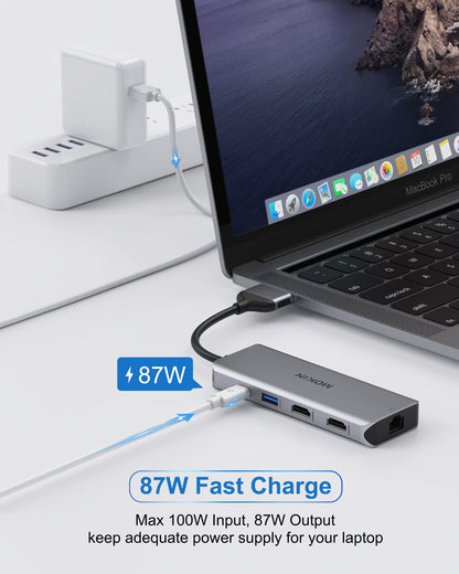 MacBook Pro Docking Station Dual Monitor MacBook Pro HDMI Adapter, 9 in 1 USB C Adapters for MacBook Pro Air Mac HDMI Dock Dongle Dual USB C to Dual HDMI Ethernet 3USB SD Card Reader 100W PD