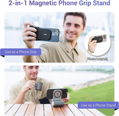 KIWIFOTOS for Magsafe Phone Camera Grip Magnetic Phone Tripod Handle with Bluetooth Remote & Tripod Mount Adapter for iPhone 16 Pro Max Samsung Smartphone Vlog Video Shooting (Gray)