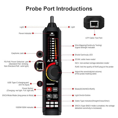 Rechargeable Network Cable Tester, WANLUTECH Tone Generator with Probe Support Digital Multimeter Optical Power Meter Visual Fault Locator Network Test PoE Test Cable Continuity Testing (LT-600M)