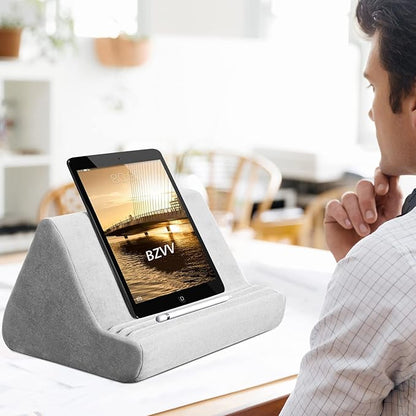 Soft Tablet Stand Pillow with Pocket,Tablet Cushion Stand,Adjustable 3 Viewing Angle,Lazy Holder Stand for Bed Sofa,Compatible with iPads Tablets eReaders Smartphones Books Magazines (Light Grey)…