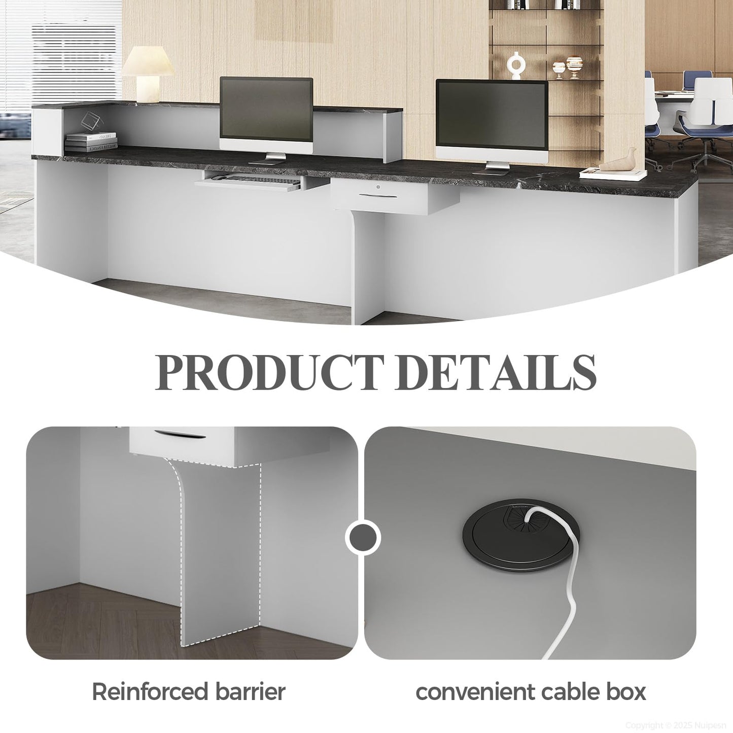 Nuipesn 71" Modern Reception Desk with Counter, Lockable Drawer, Keyboard Tray & Cable Grommet, Left Layout, White + Black