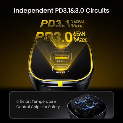 AOHI 165W Laptop Car Charger Adapter 140W PD 3.1/ 100W PD 3.0 USB C Super Fast Charging PPS 45W 3-Ports QC5.0 Car Lighter Charger for MacBook Pro, iPhone 16/15, Galaxy S24 Ultra, iPad, Black