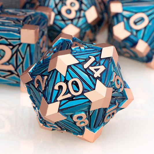 ORIFANTOU 7PCS Metal DND Dice Set with Box, Debris RPG Copper Blue D and D Dice for use with D&D Tabletop Games Role Playing Game Polyhedral Dice Set D20 D12 D10 D8 D6 D4