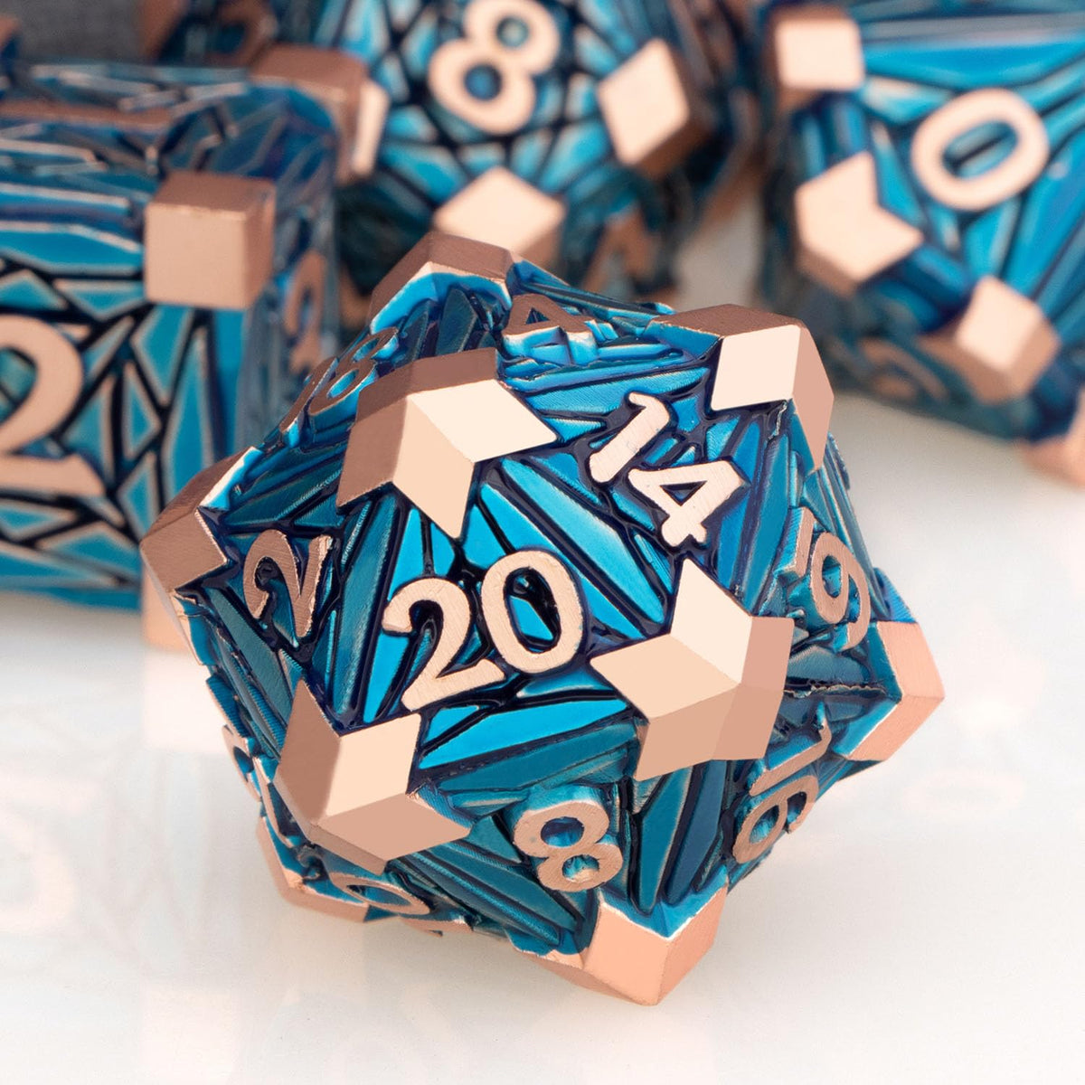 ORIFANTOU 7PCS Metal DND Dice Set with Box, Debris RPG Blue D and D Dice for use with D&D Tabletop Games Role Playing Game Polyhedral Dice Set D20 D12 D10 D8 D6 D4