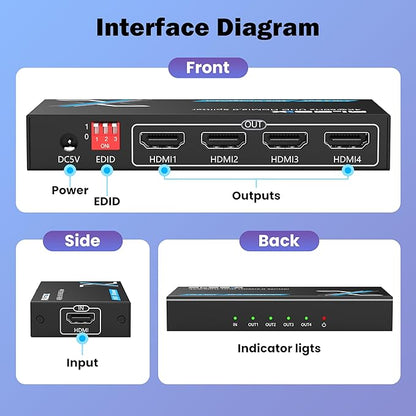 4K HDMI Splitter 1x4 withEDID, 4K@60Hz HDR HDMI 2.0 18Gbps HDMI Duplicator Support HDCP 2.2 for Switch2 Apple TV, PS5, Xbox, Roku, Projector... (4K@60Hz 1 in 4 Out)
