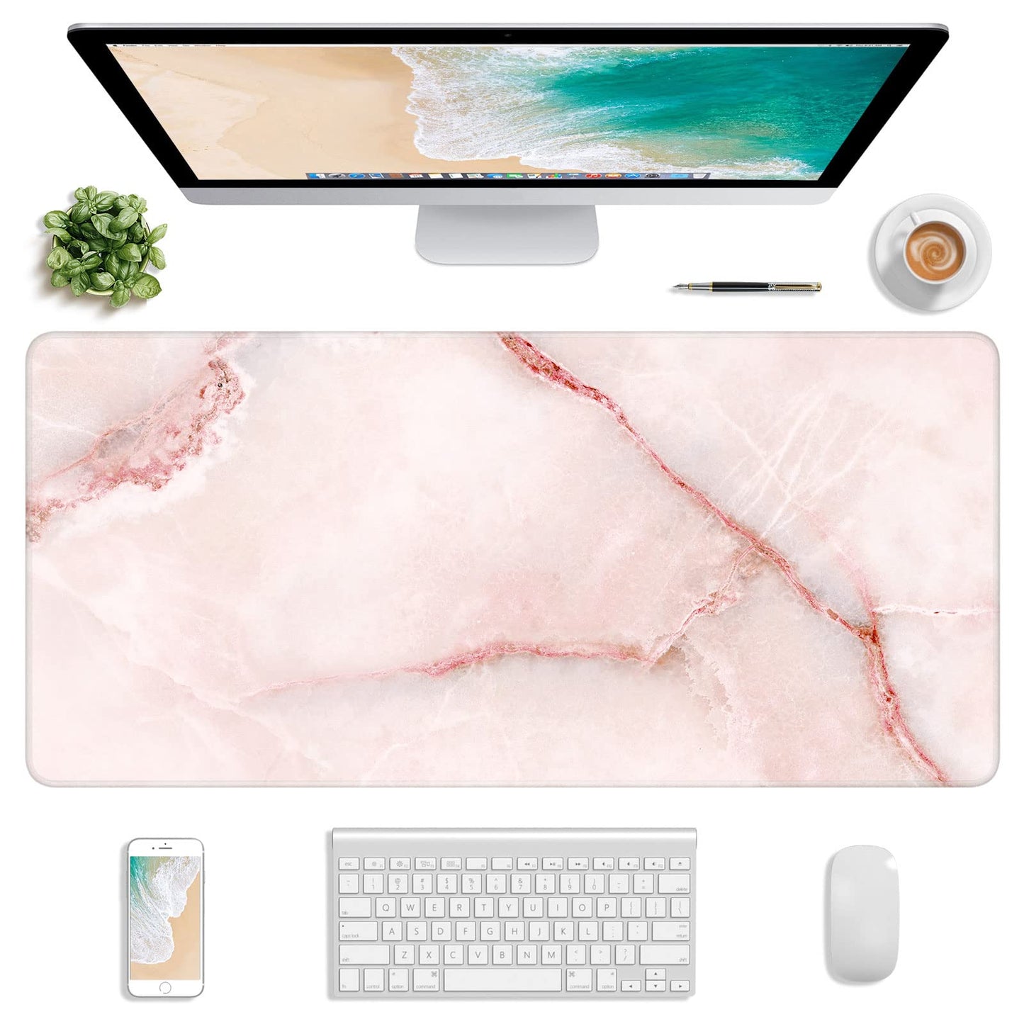 Atufsuat Extended Gaming Mouse Pad, XXL Large Mouse Mat 30 x 14 Inch, Big Computer Keyboard Mousepad, Waterproof Desk Pad with Stitched Edges and Non-Slip Base for Office Gaming, Light Pink Marble