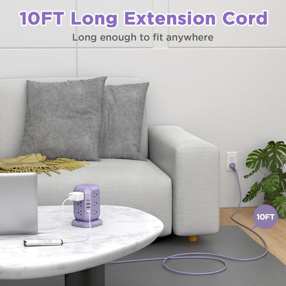 AiJoy USB C Power Strip Tower with 12 AC Outlet and 4 USB Ports Purple