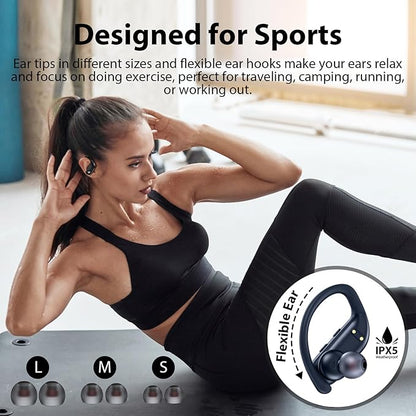 bmanl Wireless Earbuds Bluetooth Headphones Over Ear Hooks Ear Buds with 80H Playtime, LED Power Display, Dual Mic Clear Calls, Sports Wireless Ear Buds Bluetooth Earbuds for Running Gym Workout Black