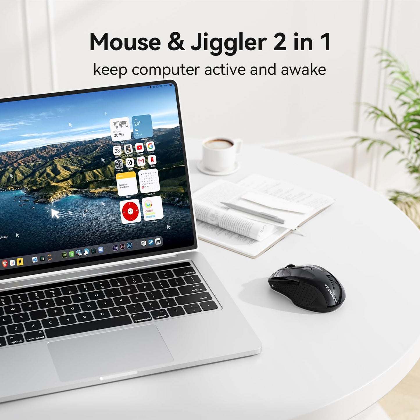 TECKNET Rechargeable Jiggler Wireless Mouse, Dual-Mode Connectivity, Black
