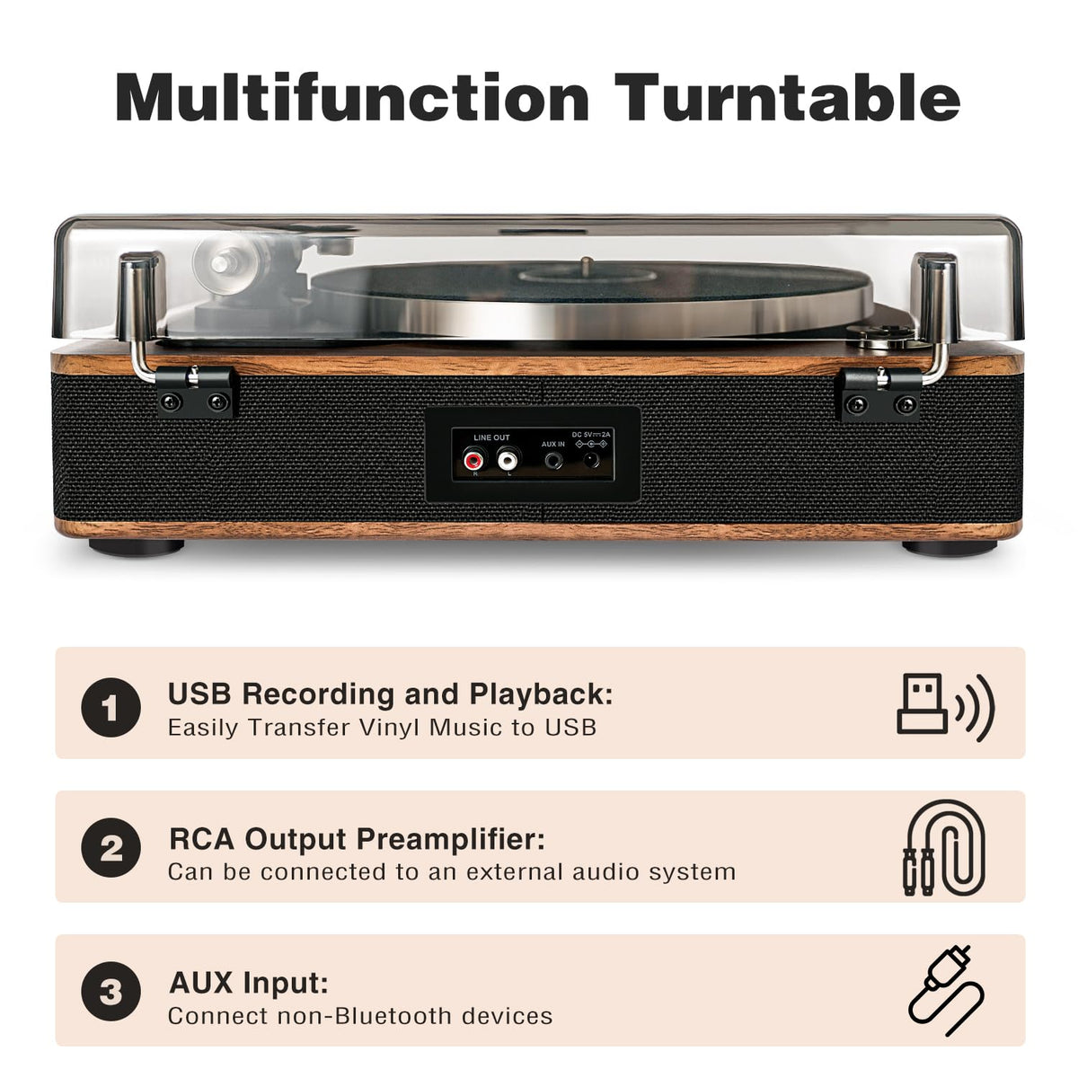 LP&No.1 Vinyl Record Players, Bluetooth Turntable with Built-in Speakers & Phono Preamp, High Fidelity Belt Drive 33/45 RPM with Magnetic Cartridge, USB Recording & Playback, Pitch Control, Auto Off
