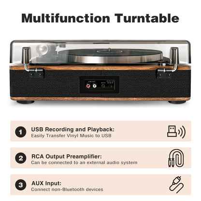 LP&No.1 Vinyl Record Players, Bluetooth Turntable with Built-in Speakers & Phono Preamp, High Fidelity Belt Drive 33/45 RPM with Magnetic Cartridge, USB Recording & Playback, Pitch Control, Auto Off